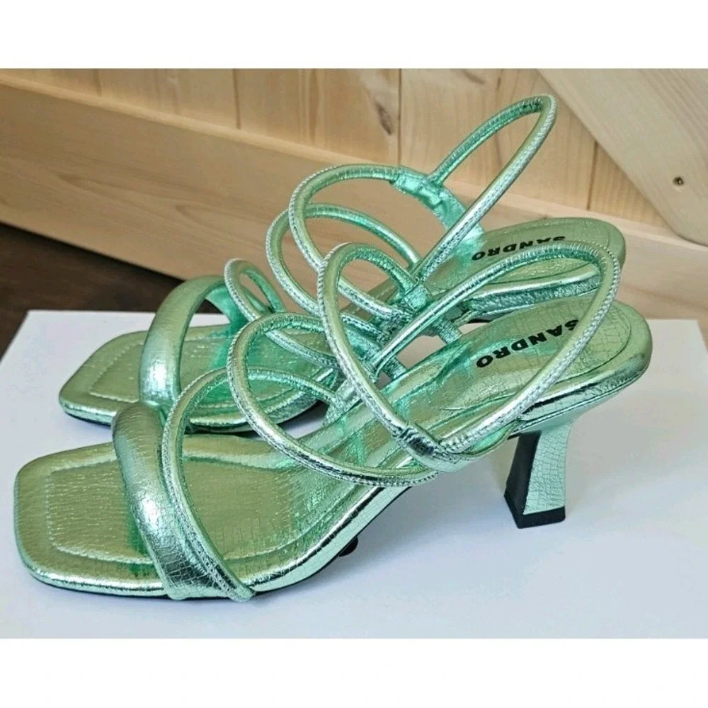 SANDRO Women's Noelis‎ Metallic Pale Green Slingback Heeled Sandals. Size 36